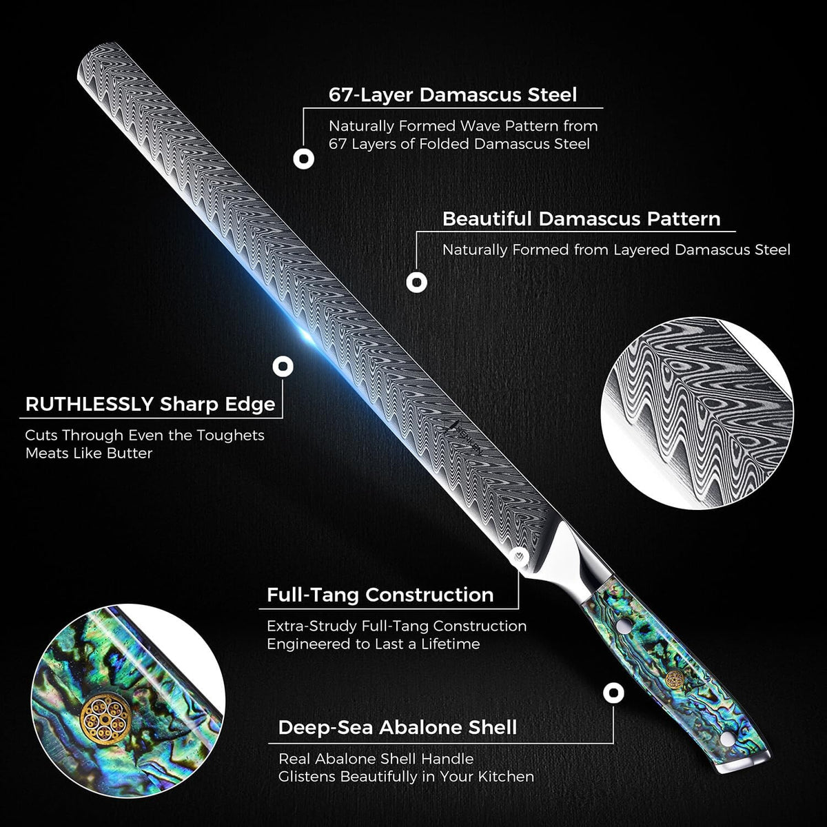 SENKEN 12" Damascus Steel Brisket Knife - Umi Collection - 67-Layer Japanese VG10 Steel with Deep Sea Abalone Shell Handle - Ultra Sharp Carving Knife for Brisket, Meat, Roasts, and Large Fruit (12")