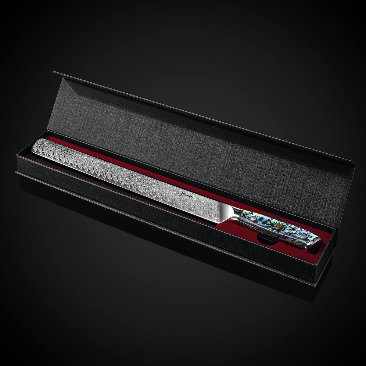 SENKEN 12" Damascus Steel Brisket Knife - Umi Collection - 67-Layer Japanese VG10 Steel with Deep Sea Abalone Shell Handle - Ultra Sharp Carving Knife for Brisket, Meat, Roasts, and Large Fruit (12")