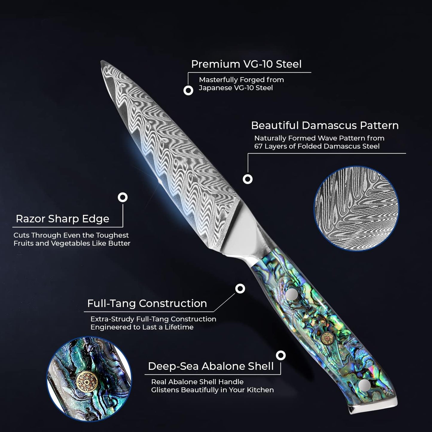 SENKEN 12" Damascus Steel Brisket Knife - Umi Collection - 67-Layer Japanese VG10 Steel with Deep Sea Abalone Shell Handle - Ultra Sharp Carving Knife for Brisket, Meat, Roasts, and Large Fruit (12")
