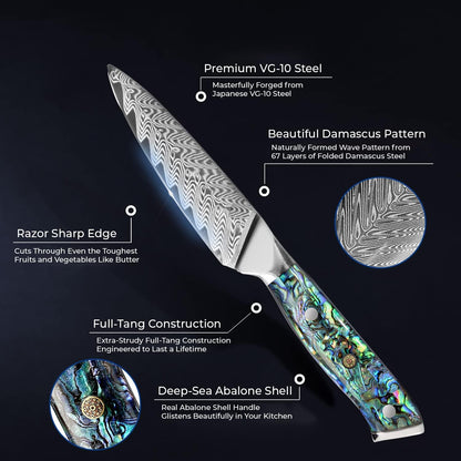SENKEN 12" Damascus Steel Brisket Knife - Umi Collection - 67-Layer Japanese VG10 Steel with Deep Sea Abalone Shell Handle - Ultra Sharp Carving Knife for Brisket, Meat, Roasts, and Large Fruit (12")