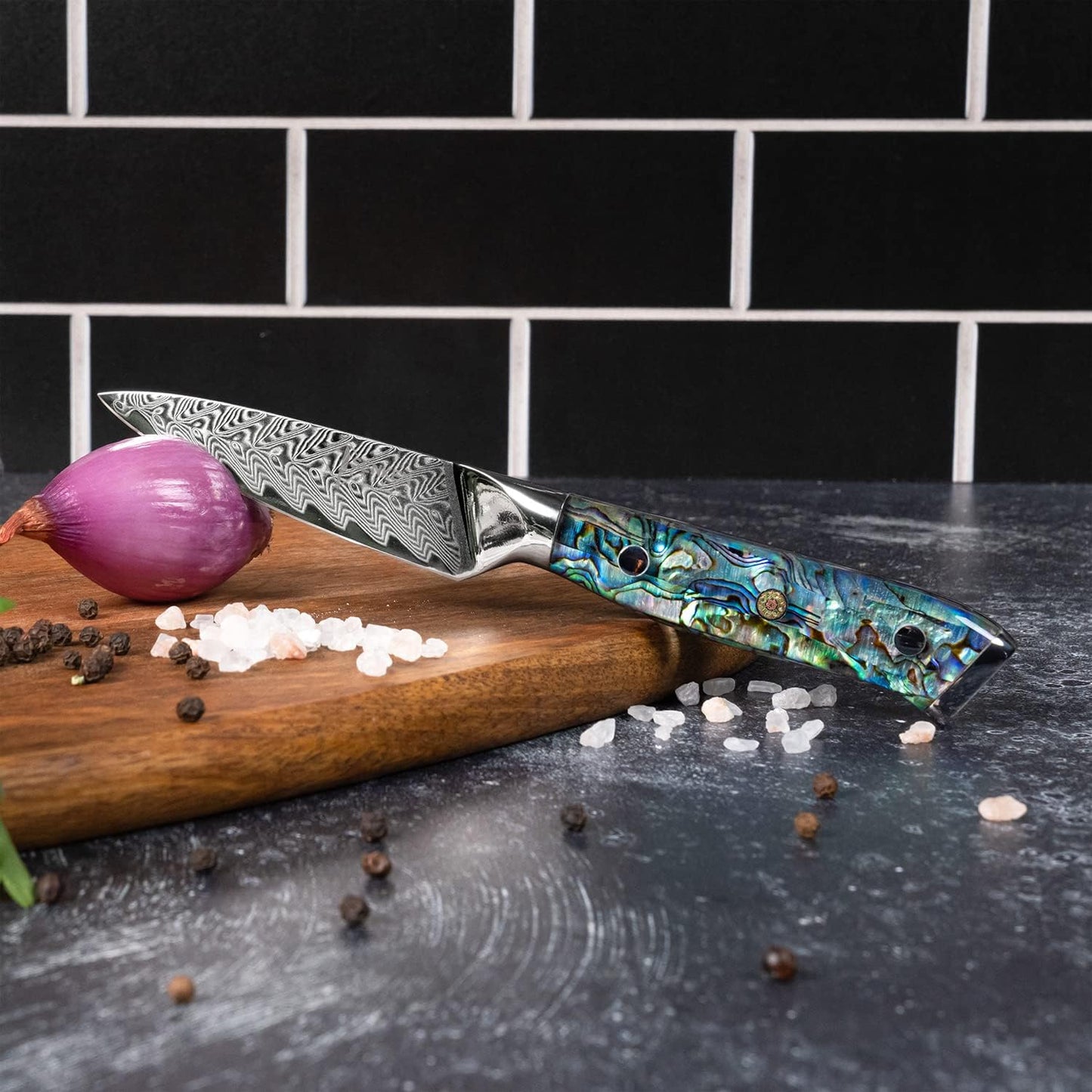 SENKEN 12" Damascus Steel Brisket Knife - Umi Collection - 67-Layer Japanese VG10 Steel with Deep Sea Abalone Shell Handle - Ultra Sharp Carving Knife for Brisket, Meat, Roasts, and Large Fruit (12")