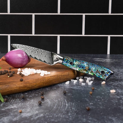 SENKEN 12" Damascus Steel Brisket Knife - Umi Collection - 67-Layer Japanese VG10 Steel with Deep Sea Abalone Shell Handle - Ultra Sharp Carving Knife for Brisket, Meat, Roasts, and Large Fruit (12")