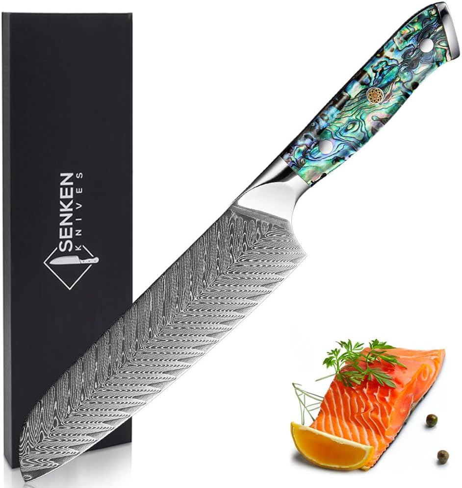 SENKEN 12" Damascus Steel Brisket Knife - Umi Collection - 67-Layer Japanese VG10 Steel with Deep Sea Abalone Shell Handle - Ultra Sharp Carving Knife for Brisket, Meat, Roasts, and Large Fruit (12")