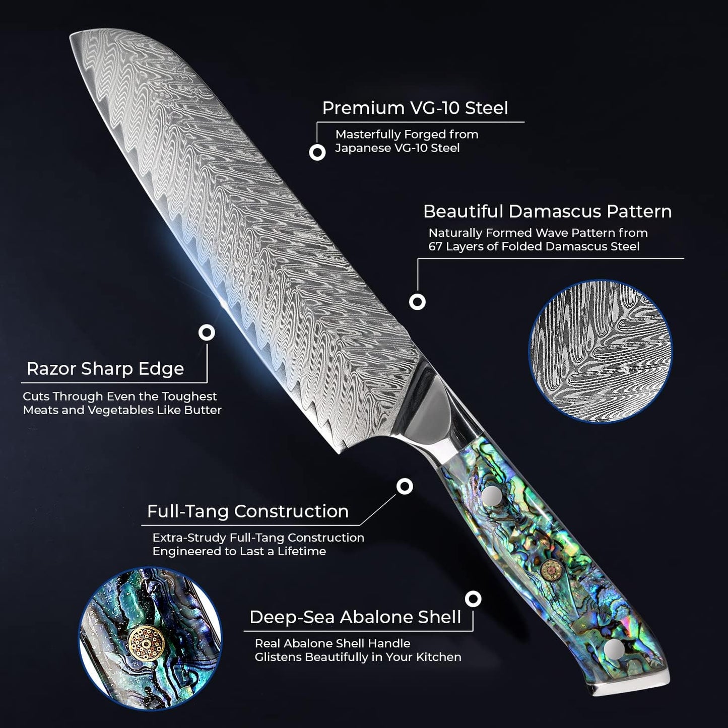 SENKEN 12" Damascus Steel Brisket Knife - Umi Collection - 67-Layer Japanese VG10 Steel with Deep Sea Abalone Shell Handle - Ultra Sharp Carving Knife for Brisket, Meat, Roasts, and Large Fruit (12")