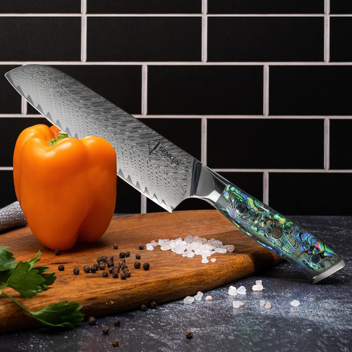 SENKEN 12" Damascus Steel Brisket Knife - Umi Collection - 67-Layer Japanese VG10 Steel with Deep Sea Abalone Shell Handle - Ultra Sharp Carving Knife for Brisket, Meat, Roasts, and Large Fruit (12")