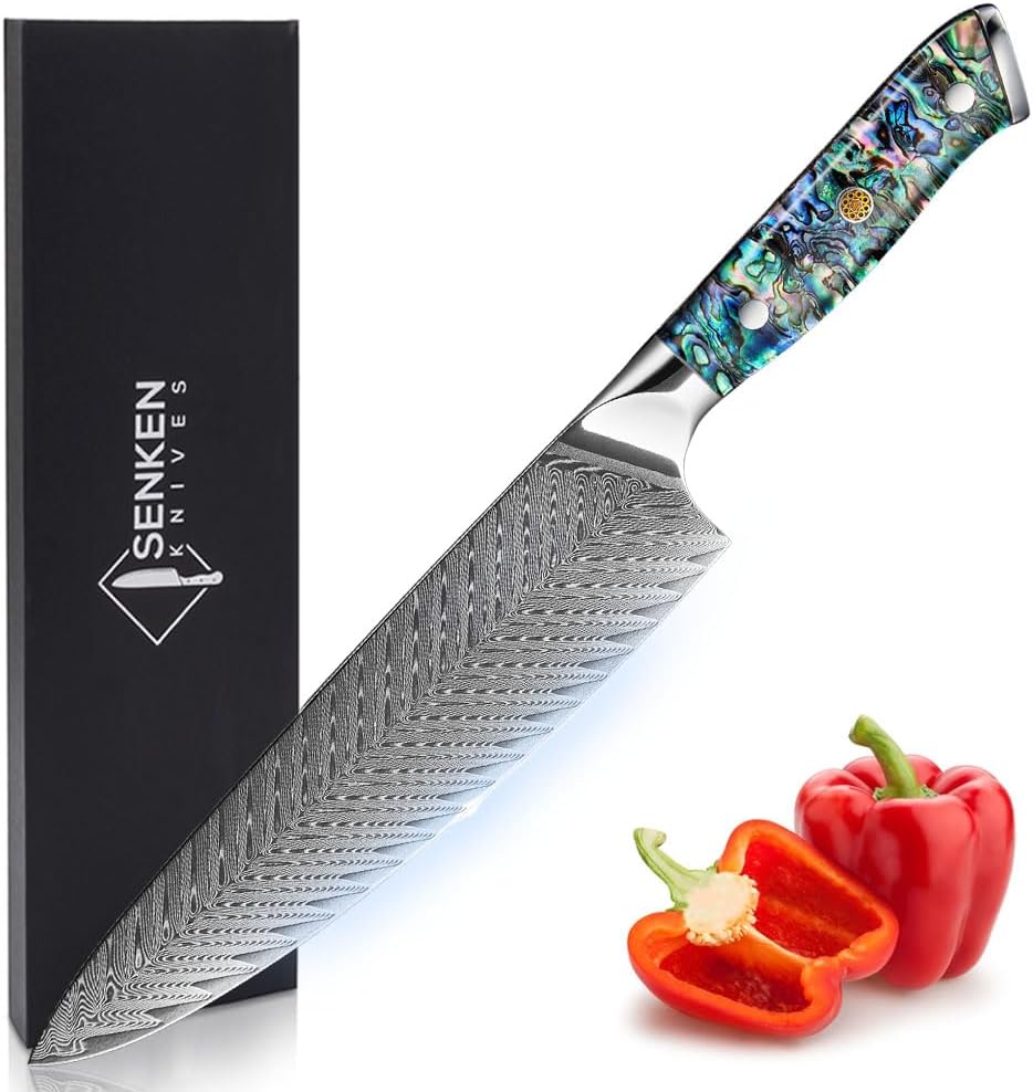 SENKEN 12" Damascus Steel Brisket Knife - Umi Collection - 67-Layer Japanese VG10 Steel with Deep Sea Abalone Shell Handle - Ultra Sharp Carving Knife for Brisket, Meat, Roasts, and Large Fruit (12")
