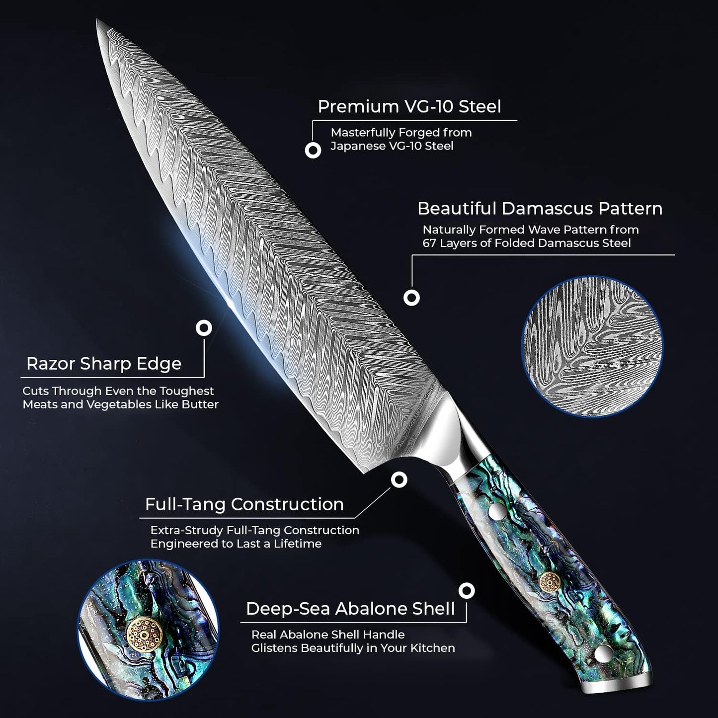 SENKEN 12" Damascus Steel Brisket Knife - Umi Collection - 67-Layer Japanese VG10 Steel with Deep Sea Abalone Shell Handle - Ultra Sharp Carving Knife for Brisket, Meat, Roasts, and Large Fruit (12")