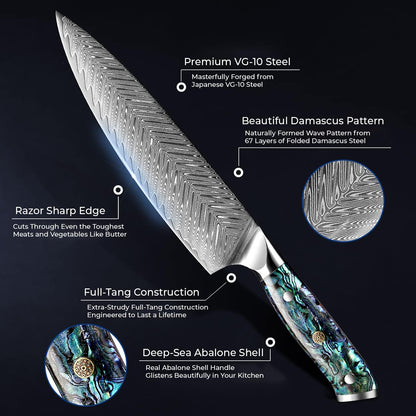 SENKEN 12" Damascus Steel Brisket Knife - Umi Collection - 67-Layer Japanese VG10 Steel with Deep Sea Abalone Shell Handle - Ultra Sharp Carving Knife for Brisket, Meat, Roasts, and Large Fruit (12")