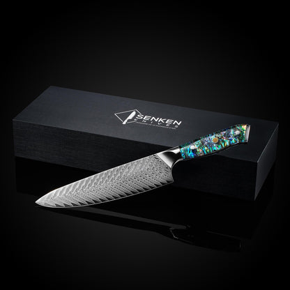 SENKEN 12" Damascus Steel Brisket Knife - Umi Collection - 67-Layer Japanese VG10 Steel with Deep Sea Abalone Shell Handle - Ultra Sharp Carving Knife for Brisket, Meat, Roasts, and Large Fruit (12")