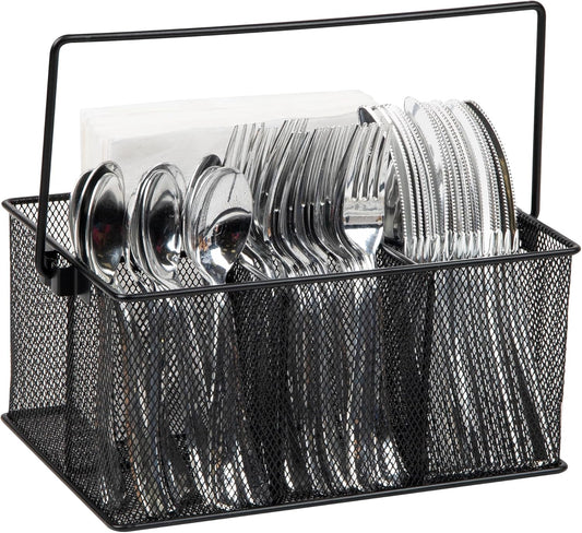 Multi-purpose Storage Caddy with Handle, Desktop Organizer, Cutlery Holder, 4 Compartments, Metal Mesh, Black