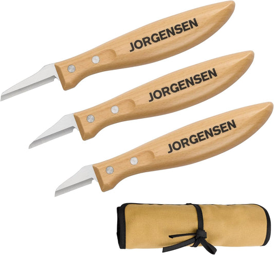 3-Piece Wood Carving Tool Set with Stainless Steel Knives | Whittling knife kit with ergonomic curved handles, canvas pouch and blade covers for beginners and wood carving projects