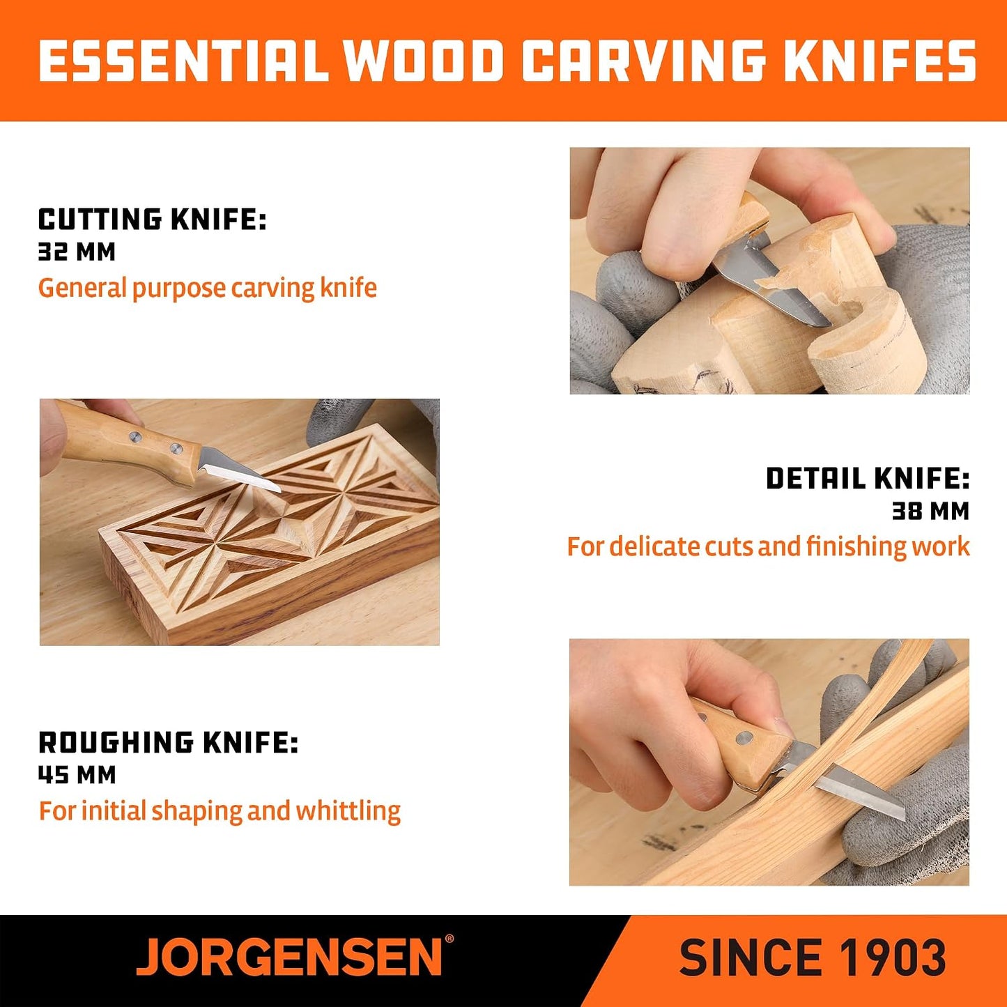 3-Piece Wood Carving Tool Set with Stainless Steel Knives | Whittling knife kit with ergonomic curved handles, canvas pouch and blade covers for beginners and wood carving projects