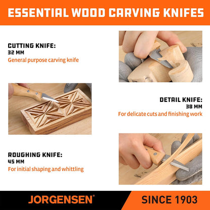 3-Piece Wood Carving Tool Set with Stainless Steel Knives | Whittling knife kit with ergonomic curved handles, canvas pouch and blade covers for beginners and wood carving projects