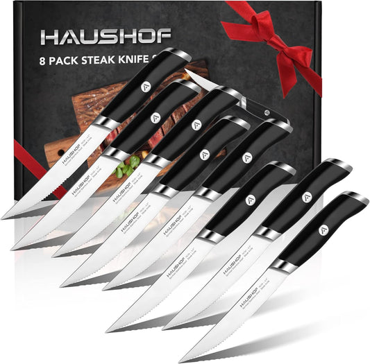 Steak Knives Set of 8, German Stainless Steel Premium Serrated Steak Knife Set with Gift Box, Full Tang Design with Ergonomic Handle, Gifts Knife Set for Dad, Mom, Husband and Wife