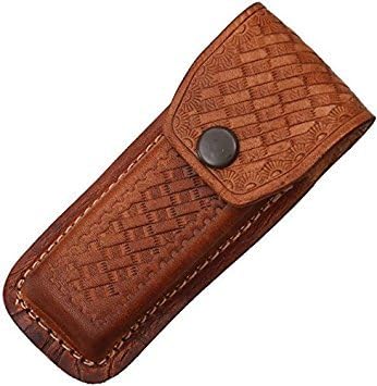 DAMASK HUT Sheath Folding Knife Sheath, Brown leather w/embossed basketweave, 4.5-5.25i...