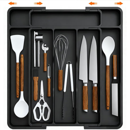 Expandable Silverware Drawer Organizer - BPA Free Flatware and Cutlery Holder, Adjustable Large Plastic Storage Tray for Kitchen Spoons Forks Knives, Black