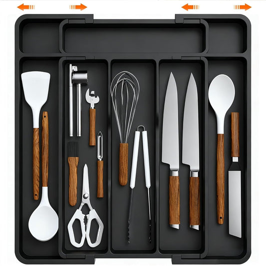 Expandable Silverware Drawer Organizer - BPA Free Flatware and Cutlery Holder, Adjustable Large Plastic Storage Tray for Kitchen Spoons Forks Knives, Black