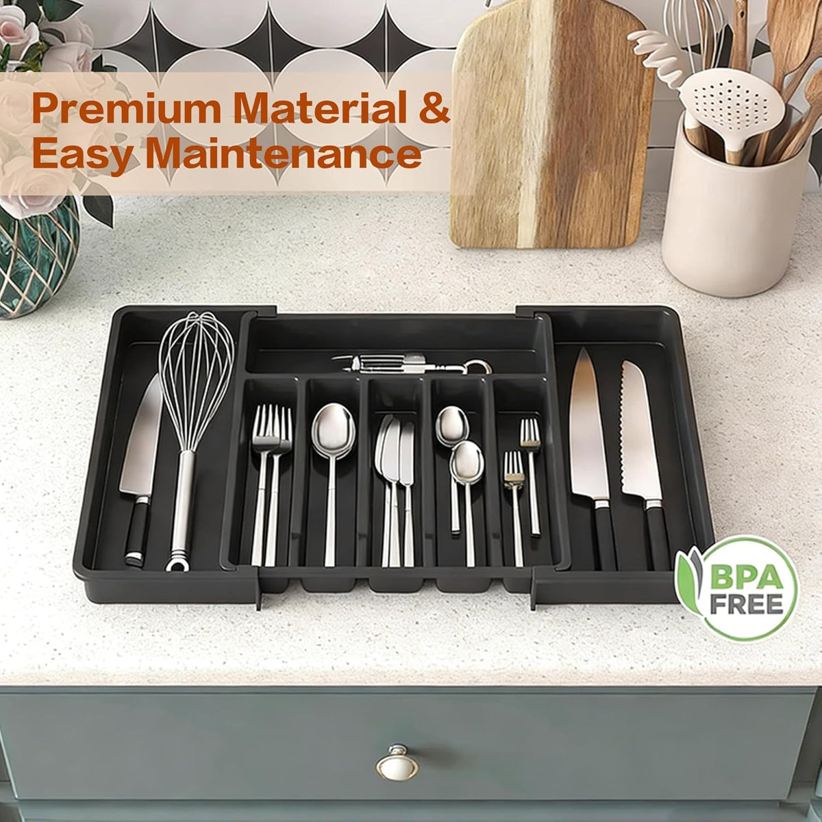 Expandable Silverware Drawer Organizer - BPA Free Flatware and Cutlery Holder, Adjustable Large Plastic Storage Tray for Kitchen Spoons Forks Knives, Black