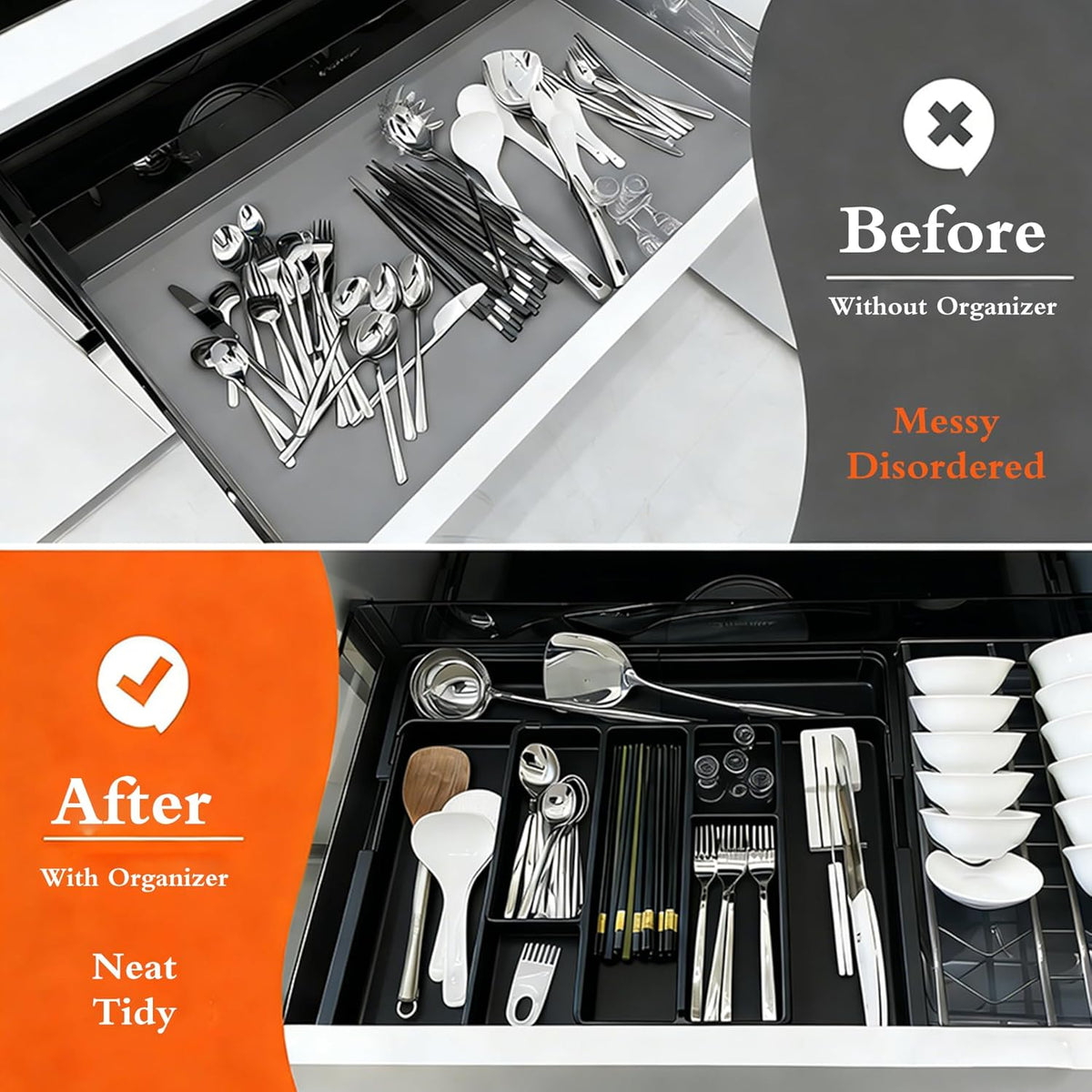 Expandable Silverware Drawer Organizer - BPA Free Flatware and Cutlery Holder, Adjustable Large Plastic Storage Tray for Kitchen Spoons Forks Knives, Black