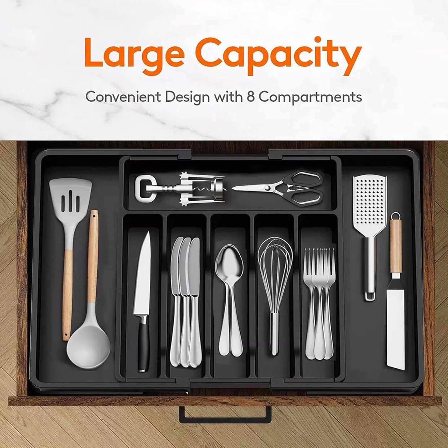Expandable Silverware Drawer Organizer - BPA Free Flatware and Cutlery Holder, Adjustable Large Plastic Storage Tray for Kitchen Spoons Forks Knives, Black