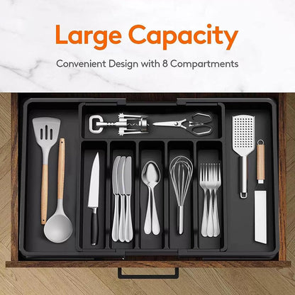 Expandable Silverware Drawer Organizer - BPA Free Flatware and Cutlery Holder, Adjustable Large Plastic Storage Tray for Kitchen Spoons Forks Knives, Black