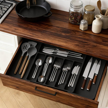 Expandable Silverware Drawer Organizer - BPA Free Flatware and Cutlery Holder, Adjustable Large Plastic Storage Tray for Kitchen Spoons Forks Knives, Black