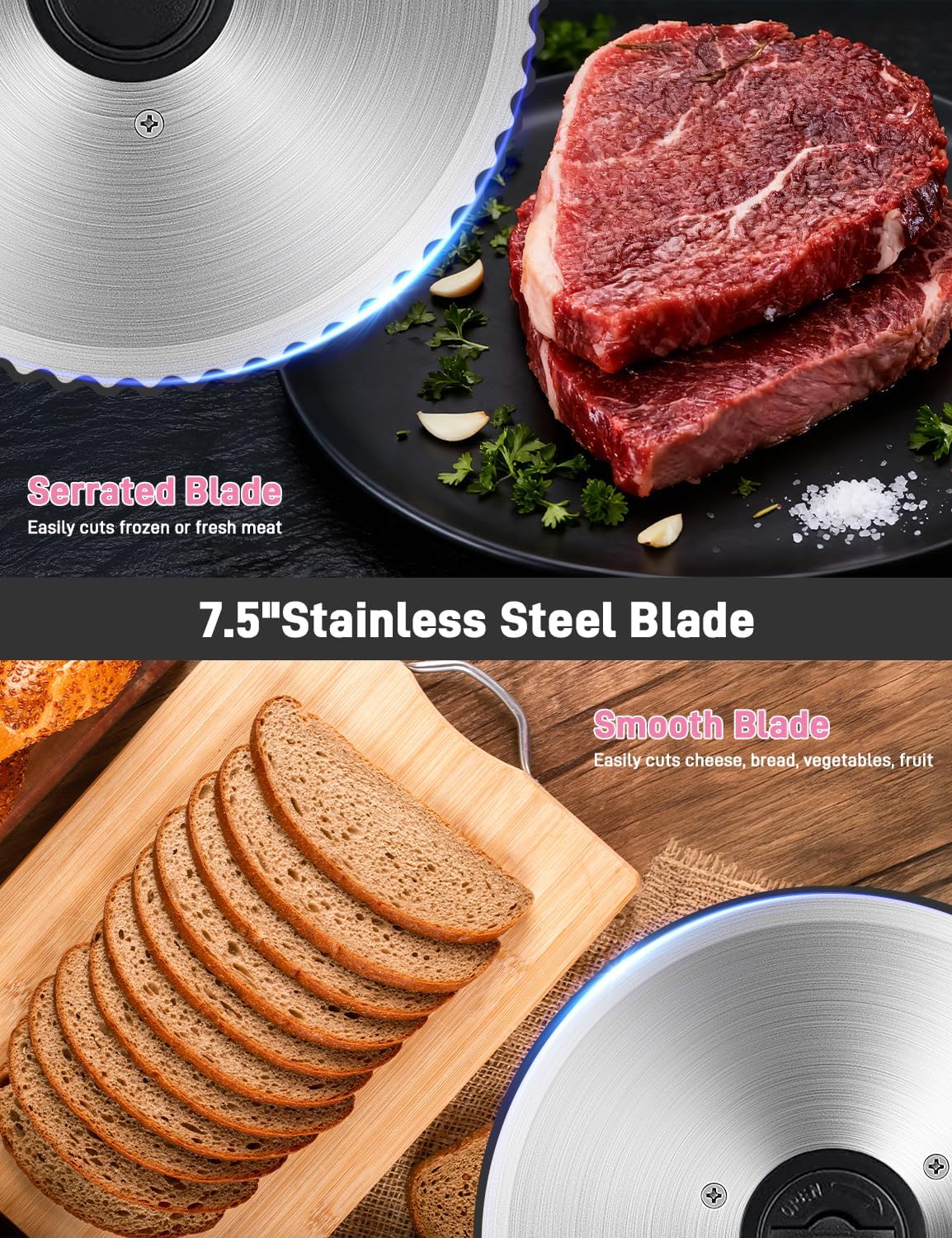 Upgrade DC motor Meat Slicer Machine for Home, Quiet 200W Deli Slicer with 2 Removable 7.5'' Stainless Steel Blades, Adjustable Dial for 0-15mm
