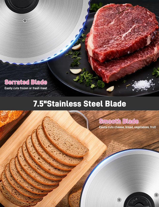 Upgrade DC motor Meat Slicer Machine for Home, Quiet 200W Deli Slicer with 2 Removable 7.5'' Stainless Steel Blades, Adjustable Dial for 0-15mm