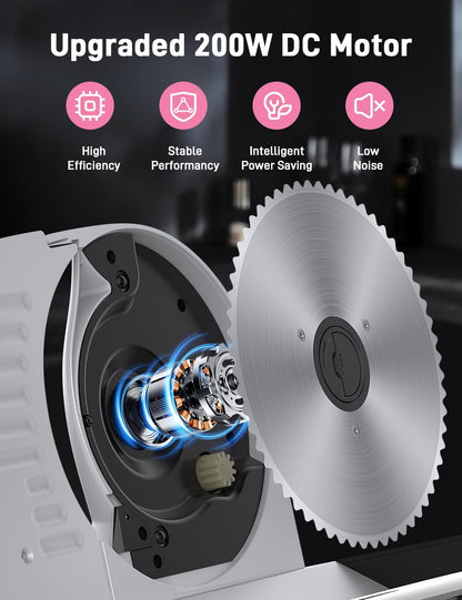 Upgrade DC motor Meat Slicer Machine for Home, Quiet 200W Deli Slicer with 2 Removable 7.5'' Stainless Steel Blades, Adjustable Dial for 0-15mm