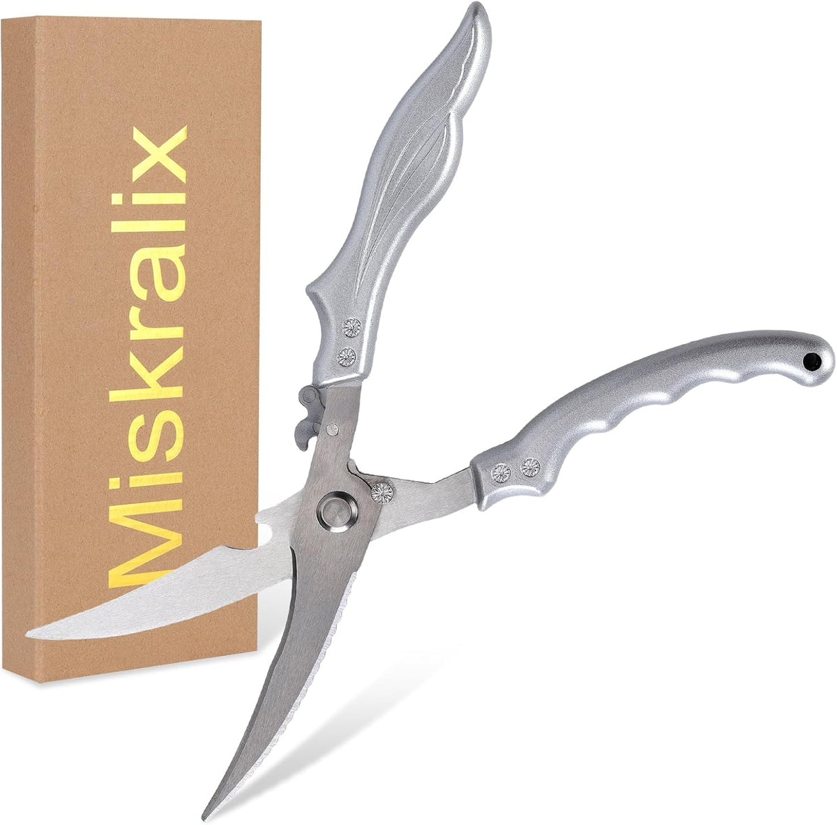 10.7 Inch Heavy-Duty Poultry Shears, Wavy Serrated Grooved Dual Stainless Steel Blades, Safety Lock & 5-Finger Ergonomic Handle, Professional Bone Cutting Kitchen Scissors for Chicken & Raw Meat
