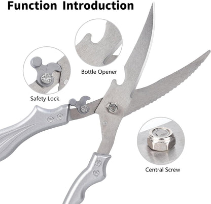 10.7 Inch Heavy-Duty Poultry Shears, Wavy Serrated Grooved Dual Stainless Steel Blades, Safety Lock & 5-Finger Ergonomic Handle, Professional Bone Cutting Kitchen Scissors for Chicken & Raw Meat