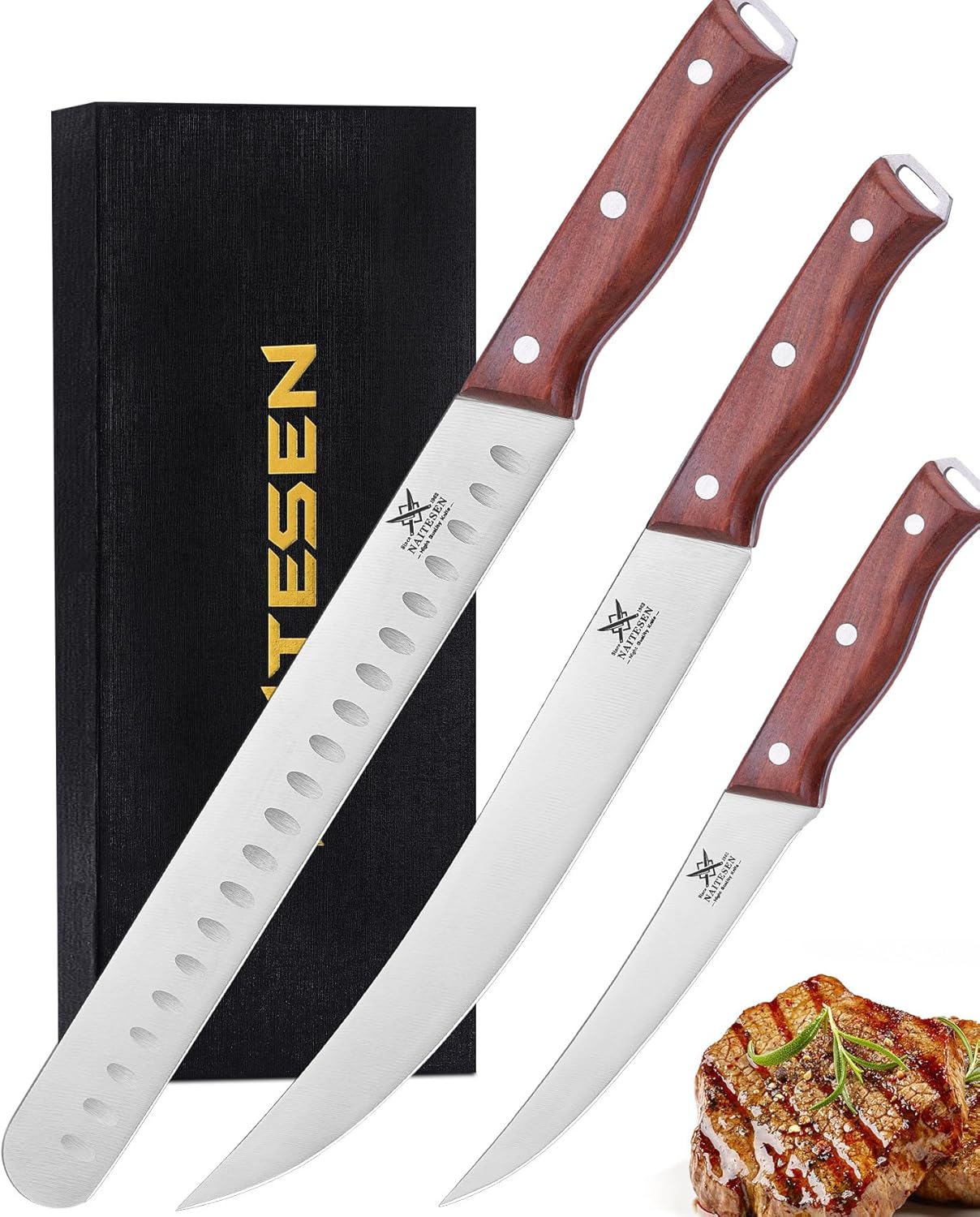 3PCS Professional Brisket Carving Knife Set with Gife Box | Butcher Knives, Very Sharp Meat Knives for BBQ Slicing Cutting Full Tang Rosewood Handle High Carbon Steel