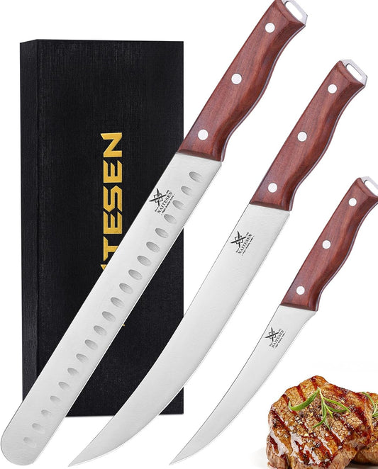 3PCS Professional Brisket Carving Knife Set with Gife Box | Butcher Knives, Very Sharp Meat Knives for BBQ Slicing Cutting Full Tang Rosewood Handle High Carbon Steel