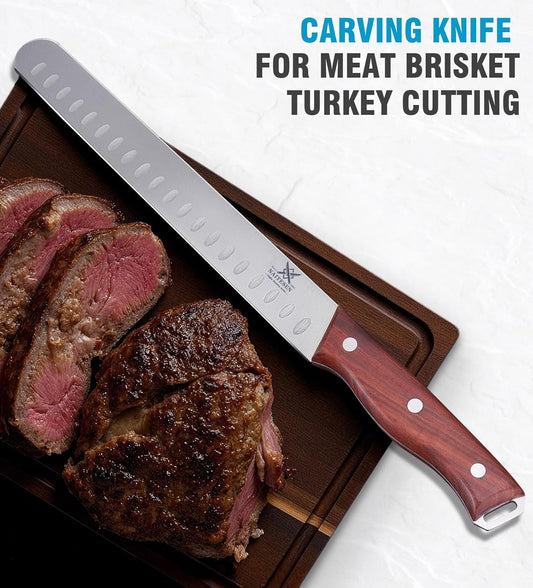 3PCS Professional Brisket Carving Knife Set with Gife Box | Butcher Knives, Very Sharp Meat Knives for BBQ Slicing Cutting Full Tang Rosewood Handle High Carbon Steel