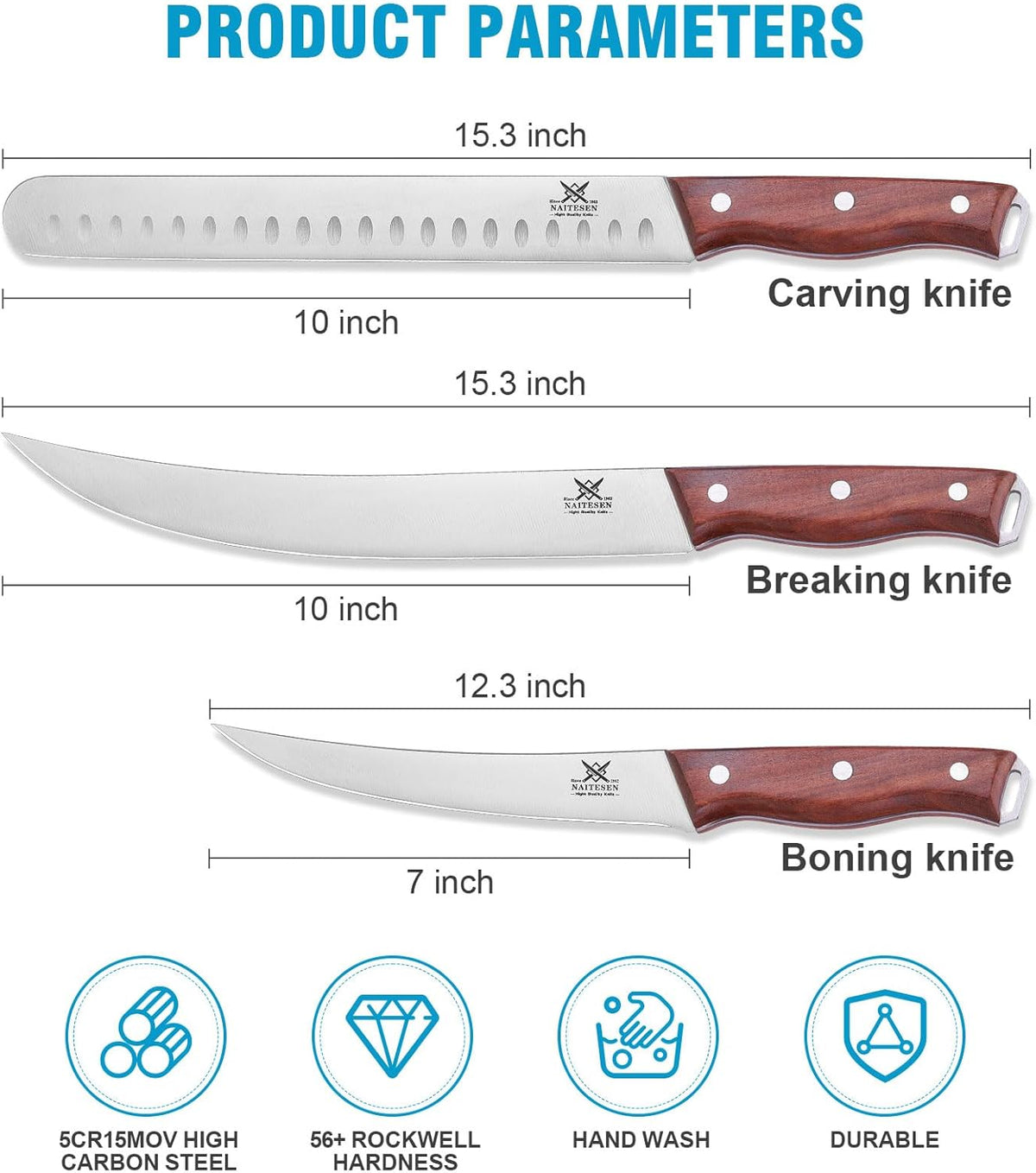 3PCS Professional Brisket Carving Knife Set with Gife Box | Butcher Knives, Very Sharp Meat Knives for BBQ Slicing Cutting Full Tang Rosewood Handle High Carbon Steel