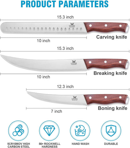 3PCS Professional Brisket Carving Knife Set with Gife Box | Butcher Knives, Very Sharp Meat Knives for BBQ Slicing Cutting Full Tang Rosewood Handle High Carbon Steel