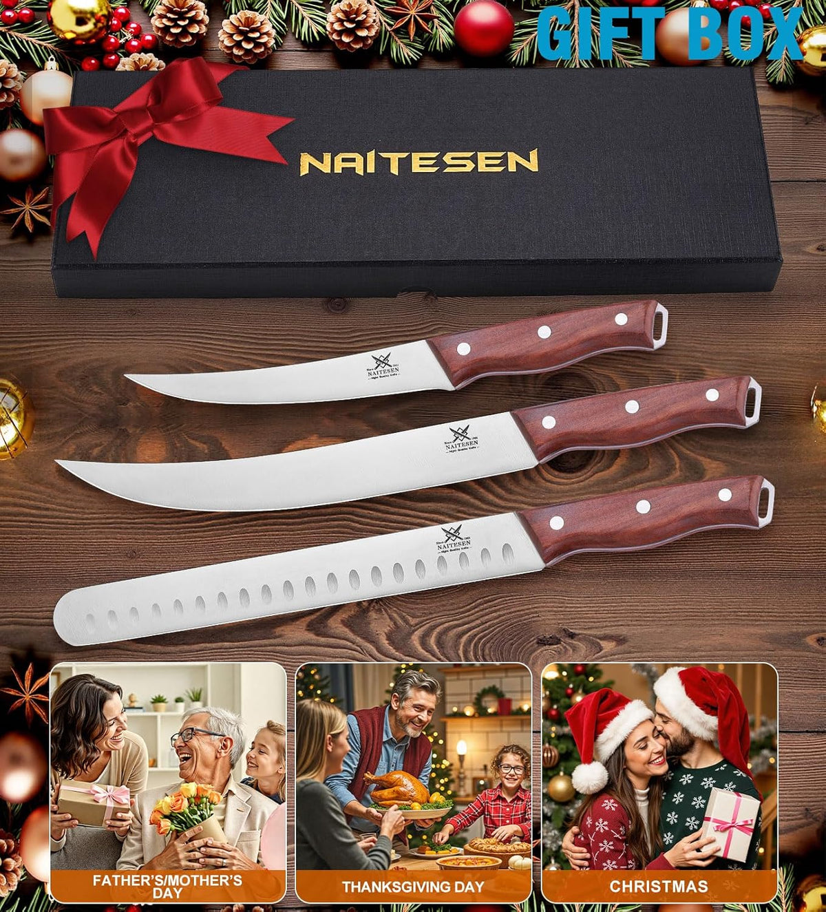 3PCS Professional Brisket Carving Knife Set with Gife Box | Butcher Knives, Very Sharp Meat Knives for BBQ Slicing Cutting Full Tang Rosewood Handle High Carbon Steel