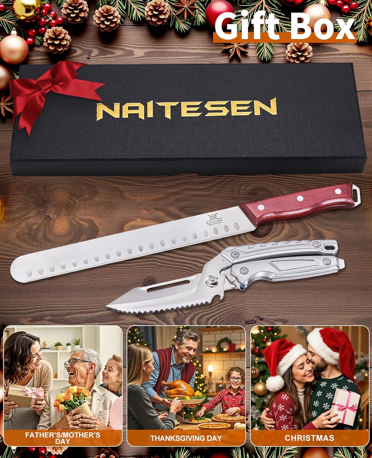 3PCS Professional Brisket Carving Knife Set with Gife Box | Butcher Knives, Very Sharp Meat Knives for BBQ Slicing Cutting Full Tang Rosewood Handle High Carbon Steel