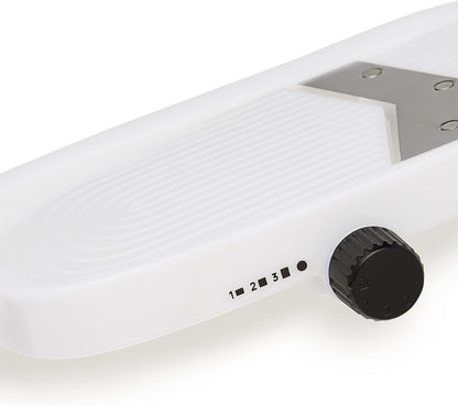 Hand-held Safe Mandoline Slicer for Vegetables and Fruits, Adjustable Thickness, Stainless Steel Blade, White, 11.3" x 4.5" x 2.5"