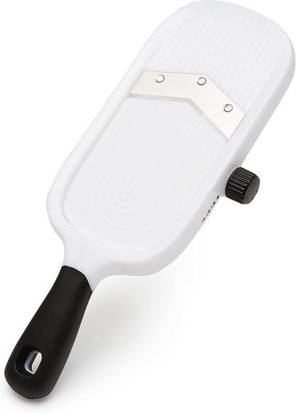 Hand-held Safe Mandoline Slicer for Vegetables and Fruits, Adjustable Thickness, Stainless Steel Blade, White, 11.3" x 4.5" x 2.5"