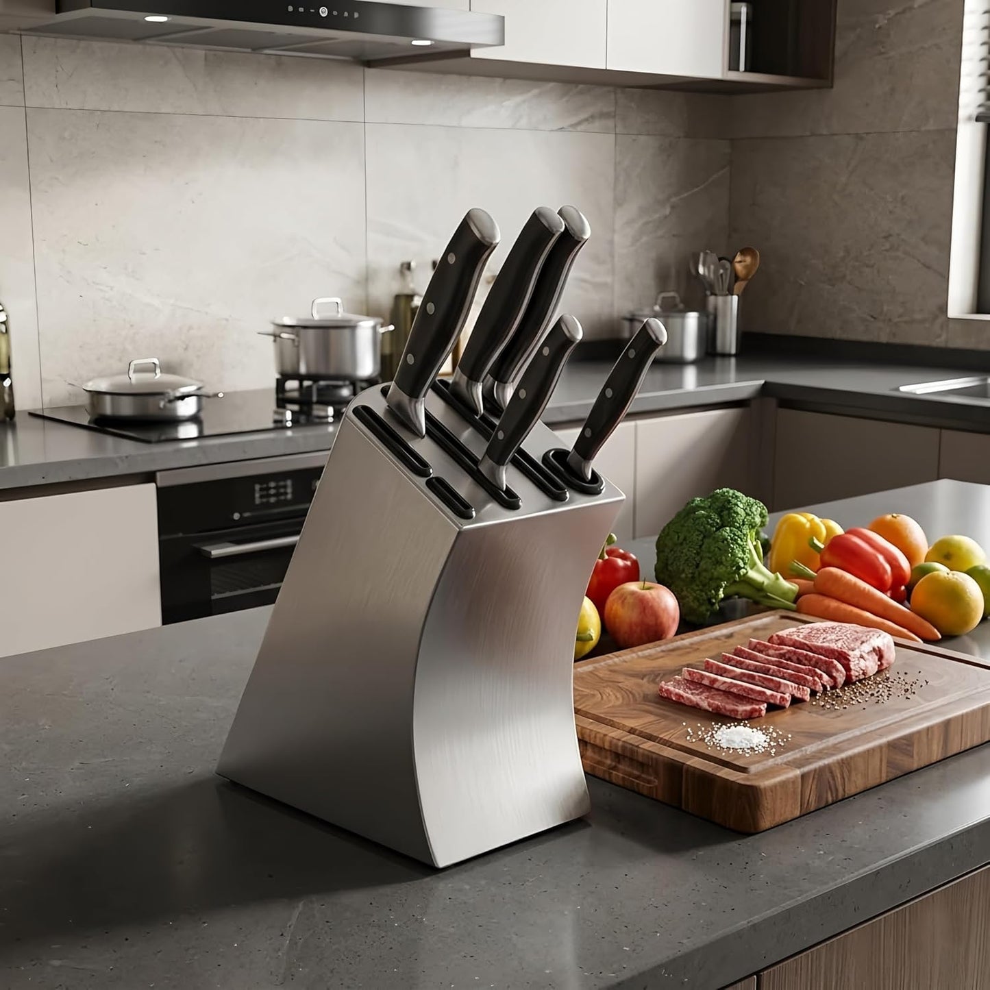 Curved Design Modern Stainless Steel Universal Knife Block | Curved Hollow Design, Kitchen Knife Holder, Countertop Storage