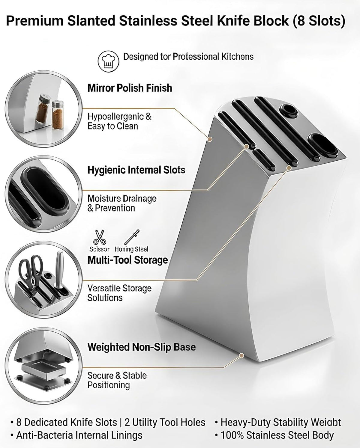 Curved Design Modern Stainless Steel Universal Knife Block | Curved Hollow Design, Kitchen Knife Holder, Countertop Storage