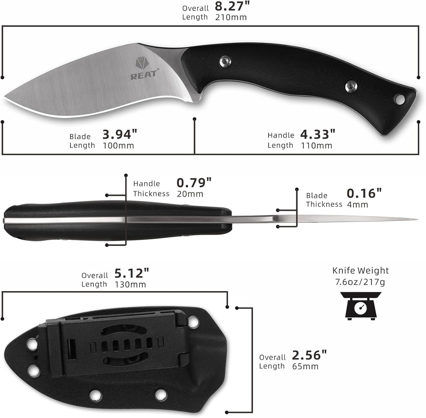 REAT Fixed Blade Knife with Kydex Sheath, 4" D2 Steel Blade,Ergonomic G10 Handle, EDC Sharp Hunting Knife, Small Tool for Camping Survival Tactical Hiking,Gifts for Men,Women