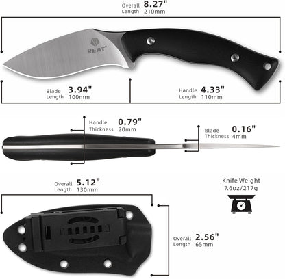 REAT Fixed Blade Knife with Kydex Sheath, 4" D2 Steel Blade,Ergonomic G10 Handle, EDC Sharp Hunting Knife, Small Tool for Camping Survival Tactical Hiking,Gifts for Men,Women