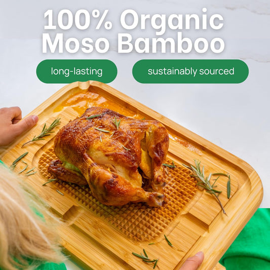 18 Inch Extra Large Organic Turkey Carving Board with Lifetime Replacements - XL Wooden Butcher Block Meat Cutting Board with Pour Spout - Thanksgiving Cooking Essentials