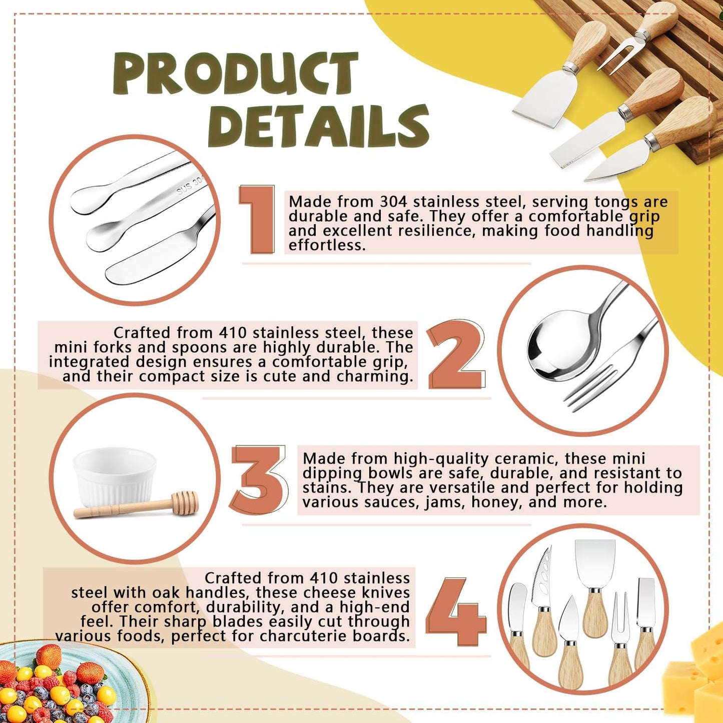 Charcuterie Boards Accessories Charcuterie Utensils Cheese Butter Spreader Knife Set Small Serving Tongs Forks and Spoons Dipping Bowls Honey Dippers Toothpick Flags for Party Platter Making