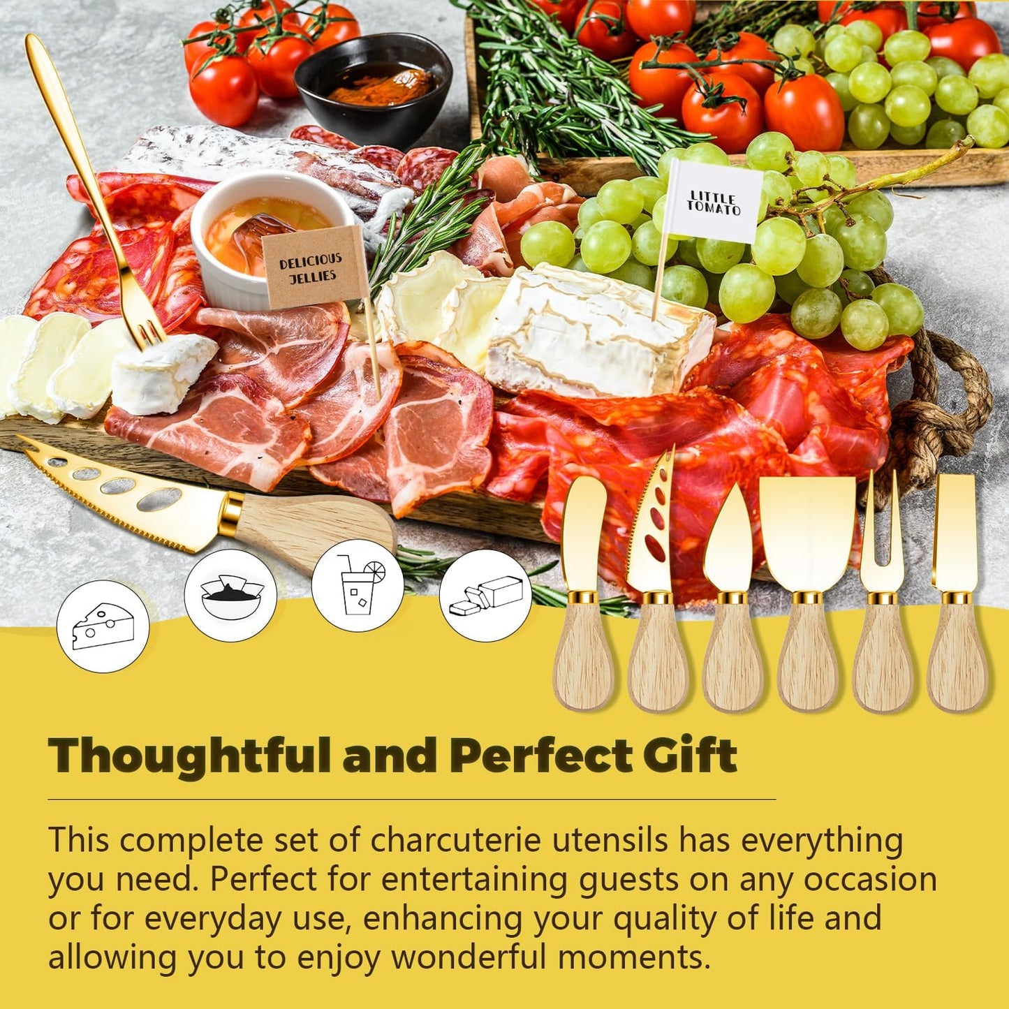 Charcuterie Boards Accessories Charcuterie Utensils Cheese Butter Spreader Knife Set Small Serving Tongs Forks and Spoons Dipping Bowls Honey Dippers Toothpick Flags for Party Platter Making