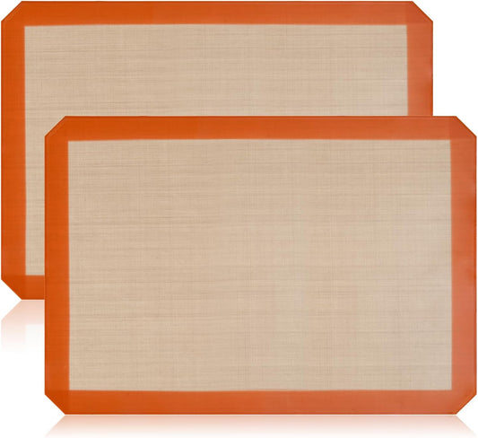 2 Pack Silicone Baking Mat Set, Nonstick Half Sheet, Orange/Beige | Two 16.54 x 11.62 in reusable nonstick silicone baking mats fit half sheet pans; cookie sheet liners for cookies and pastry.