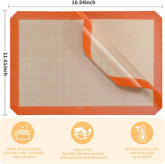 2 Pack Silicone Baking Mat Set, Nonstick Half Sheet, Orange/Beige | Two 16.54 x 11.62 in reusable nonstick silicone baking mats fit half sheet pans; cookie sheet liners for cookies and pastry.