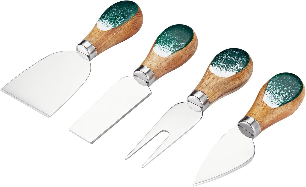 Cheese Knives Set with Wooden and Resin Handle, Mini Steel Stainless Cheese Knife with Wood Set for Charcuterie and Cheese Spread, Perfect for Cheese Slicer and Butter Cutter (Green, 4pcs)